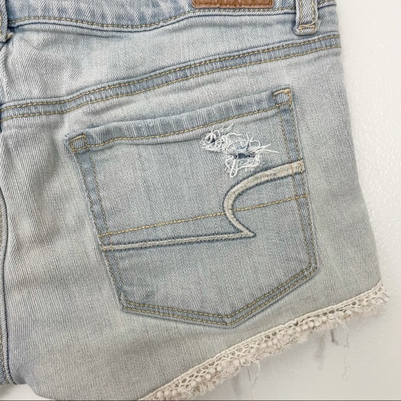 American Eagle Crochet Lace Hem Distressed Denim Shortie Shorts Jean Short - Picture 9 of 15